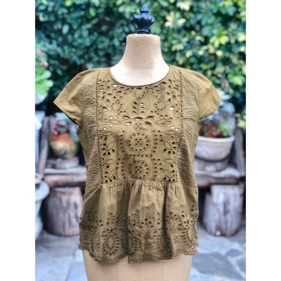 Olive Green Cap Sleeve Eyelet Top - Picture 2 of 8